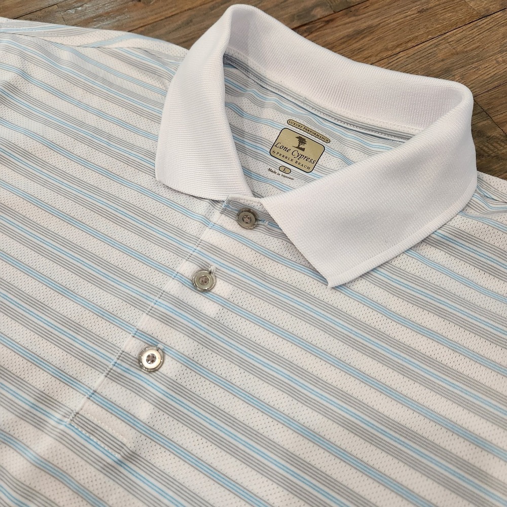 Lone Cypress by Pebble Beach Performance Polo Shirt Men Large Blue Gray Striped